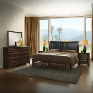 Executive Dark Brown Leatherette Bed with Paneled Headboard & Storage - Image 1