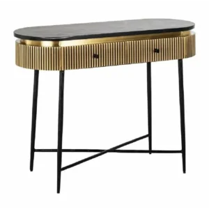 Luxe Gold Ribbed Console Table with Black Marble Top & Sleek Metal Legs - Image 1