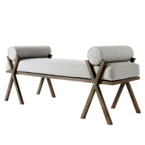 Modern Grey Fabric Settee with Dark Brown X-Frame Base & Bolster Pillows - Image 1