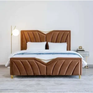 Modern Brown Velvet Wingback Bed with Geometric Blue Accents & Gold Legs - Image 1