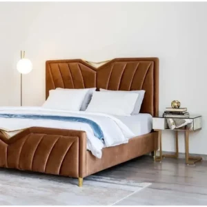 Modern Brown Velvet Wingback Bed with Geometric Blue Accents & Gold Legs - Image 2