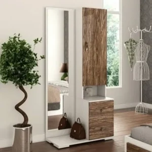 Nordic Fusion Two-Tone White & Walnut Tall Dressing Cabinet with Mirror - Image 1