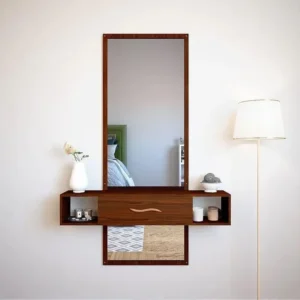 Minimalist Wall-Mounted Brown Wooden Dressing Table with Length Mirror - Image 1