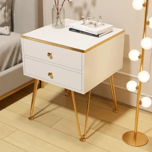 Turkish Style White Two-Drawer Side Table with Gold Hairpin Legs - Image 2
