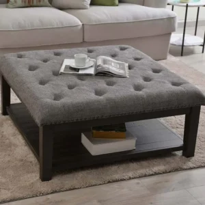 Classic Grey Jute Tufted Ottoman Coffee Table with Dark Wood Storage Shelf - Image 1