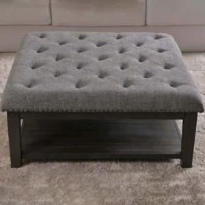 Classic Grey Jute Tufted Ottoman Coffee Table with Dark Wood Storage Shelf - Image 2