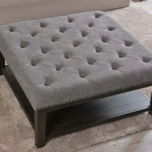 Classic Grey Jute Tufted Ottoman Coffee Table with Dark Wood Storage Shelf - Image 3