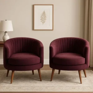 Elegant Mahogany Velvet Barrel Back Bedroom Accent Chairs with Walnut Legs - Image 1