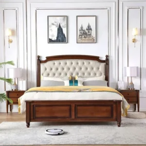 Classic Polish Light Brown Wood Bed with White Tufted Leatherette - Image 1