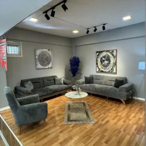 Contemporary Grey Boucle Sofa Set with Gold Accents & Track Lighting - Image 1