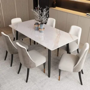 Elegant Modern Marble Dining Table with Grey & White Velvet Chairs - Image 1