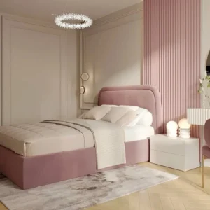 Elegant Pink Velvet Fabric Bed with Fluted Wall Panel & Minimalist White Side Tables - Image 1