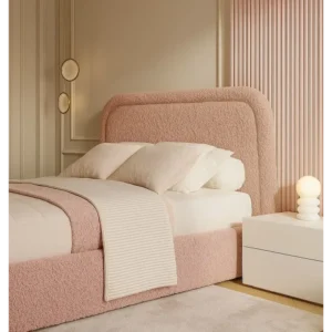 Elegant Pink Velvet Fabric Bed with Fluted Wall Panel & Minimalist White Side Tables - Image 2