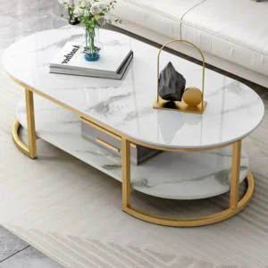 Luxury Oval White Marble & Gold Tiered Coffee Table – Turkish Inspired - Image 1
