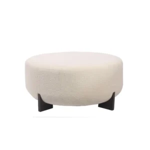 Minimalist Round White Boucle Ottoman with Dark Brown Wooden Legs - Image 1
