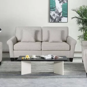 Classic White Jute Fabric 2-Seater Sofa with Black Accents – Traditiol Design - Image 1