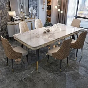 Elegant Marble Dining Table Set with Quilted Velvet Chairs & Gold Details - Image 1