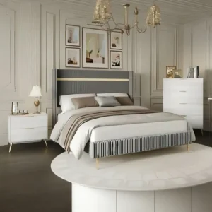 Elegant Turkish Velvet Bed with Fluted Grey Headboard & Pinstriped Base - Image 1