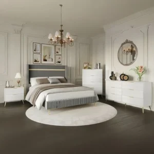 Elegant Turkish Velvet Bed with Fluted Grey Headboard & Pinstriped Base - Image 2