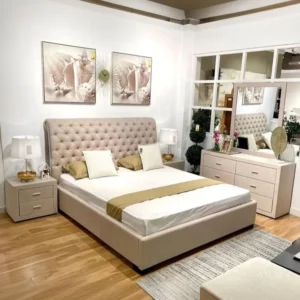 Classic Tufted Wingback Bed in Beige Leather-Rite with Matching Dresser – Complete Set - Image 1