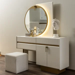 Modern White Deco Dressing Table with Integrated LED Backlit Mirror – Gold Accents - Image 1