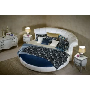 Royal White Circular Tufted Leatherette Bed with Integrated Shelving & Classic Flourish - Image 1
