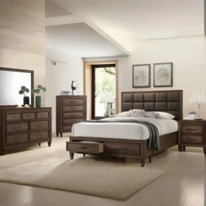 Classic Dark Brown Polish Bed Set with Padded Leatherette Headboard & Storage Drawers - Image 1