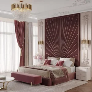 Modern Maroon Velvet Grand Wall Bed with Sunburst Vertical Paneling – Bold Luxury - Image 1