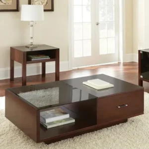 Classic Dark Brown Rectangular Coffee Table with Tempered Glass Top and Storage Drawer - Image 1
