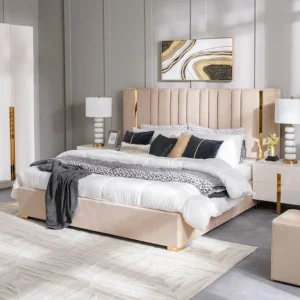 Beige Velvet Vertical Tufted Bed with Gold Trim & Marble Accents - Image 1