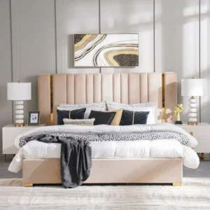 Beige Velvet Vertical Tufted Bed with Gold Trim & Marble Accents - Image 2