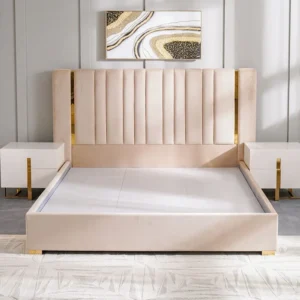 Beige Velvet Vertical Tufted Bed with Gold Trim & Marble Accents - Image 3