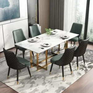 Contemporary Marble Dining Table with Green Quilted Leather Chairs - Image 1