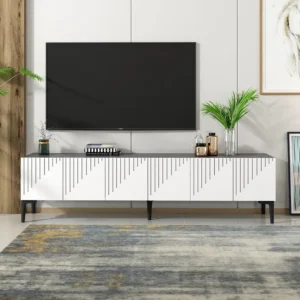 Linear Zenith White Media Console with Black Geometric Slats - Image 1