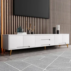 Sultan White Lacquer TV Console with Gold Tapered Accents - Image 1