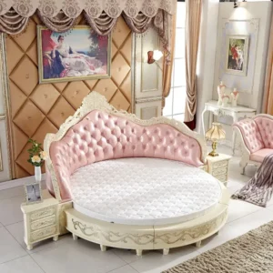 Royal Luxury Round Tufted Bed in Pink Leather Rite & White Deco - Image 1