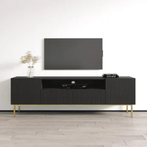 Noir Ribbed Texture TV Stand with Gold Pedestal Base - Image 1