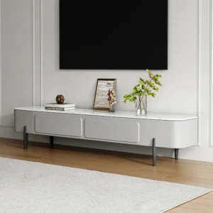 Minimalist Glossy White Floating Media Console with Marble Top & Slate Legs - Image 1