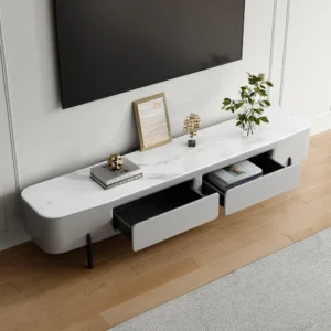 Minimalist Glossy White Floating Media Console with Marble Top & Slate Legs - Image 2
