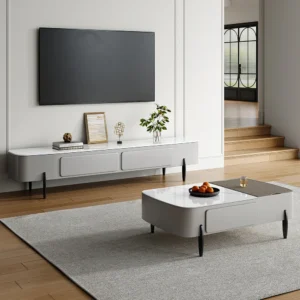 Minimalist Glossy White Floating Media Console with Marble Top & Slate Legs - Image 3