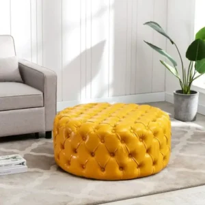 Marigold Chesterfield Button-Tufted Round Leather Pouffe - Image 1