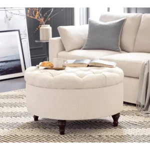 Heritage Round Storage Ottoman with Turned Wood Feet - Image 1