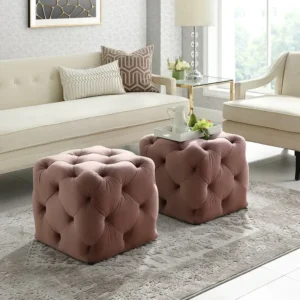 Rosewood Velvet Tufted Cube Ottomans - Image 1