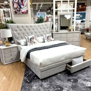 Classic Grey Wingback Fabric Bed with Diamond Tufted Headboard & Storage – Luxury Design - Image 1