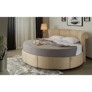 Royal Cream Velvet Round Bed with Rolled Headboard - Image 1