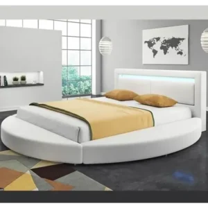 Lumi Modern White Round Bed with LED Headboard - Image 1