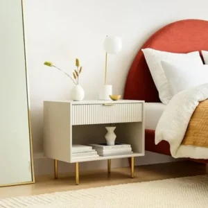 Turkish Deco White Fluted Bedside Table with Gold Legs - Image 1