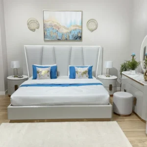 Modern White Leather Rite Bedroom Set with High Back Winged Headboard & Blue Accents - Image 1