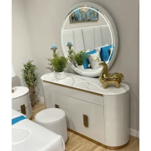 Modern White Leather Rite Bedroom Set with High Back Winged Headboard & Blue Accents - Image 2