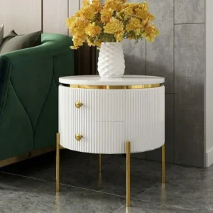 Turkish Deco Round White Ribbed Nightstand - Image 1